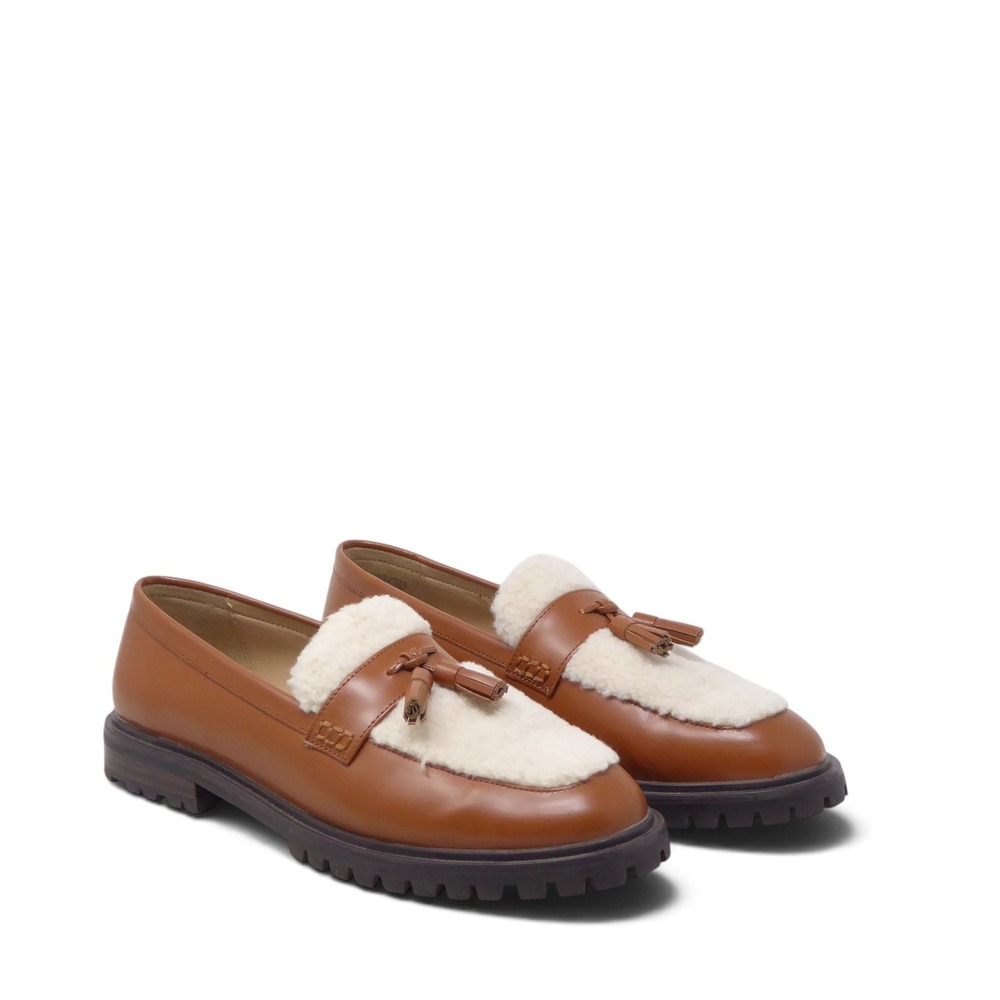 Ann Taylor Women Tassel Loafers Brown Leather Faux Shearling 8.5M